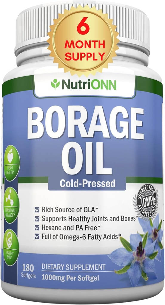 Borage Oil - 1000 mg - 180 Softgels - Soğuk Basın Yüksek GLA Borage Tohum Yağı - Hexane ve PA Free - Cilt, Saç ve Bones için Büyük.