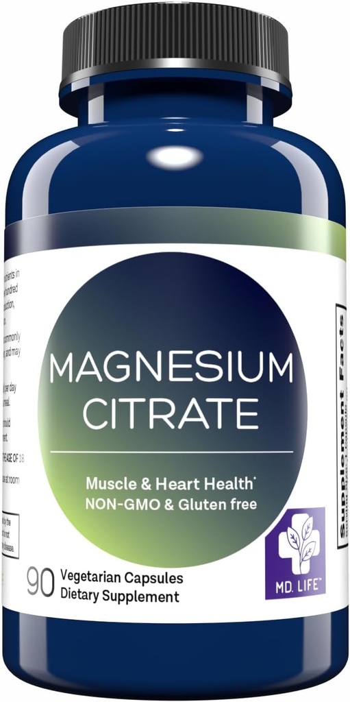 MD. Life Magnesium Citrate 250 mg – 90 Κάψουλες – Υψηλή Απορρόφηση Magnesium Citrate Supplement – Easy-to-Swallow Κάψουλες για τους μυς, τα νεύρα, την καρδιά, τον ύπνο και την υποστήριξη των οστών