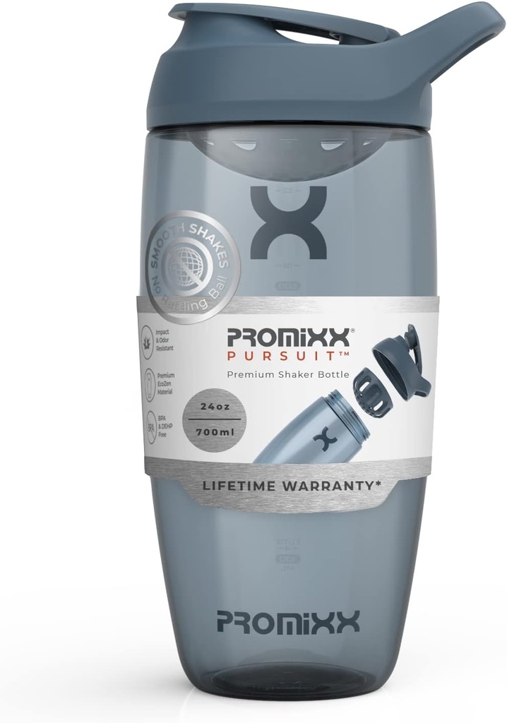 Promixx Pursuit protein Shaker Şişe (24 oz) – Silent No-Ball Mikser, Leak-Proof Lid, BPA/BPS & Phthalate-Free ECOZEN – Easy-Clean Shaker Cup for protein Shakes, Pre & Post-Workout-Workout