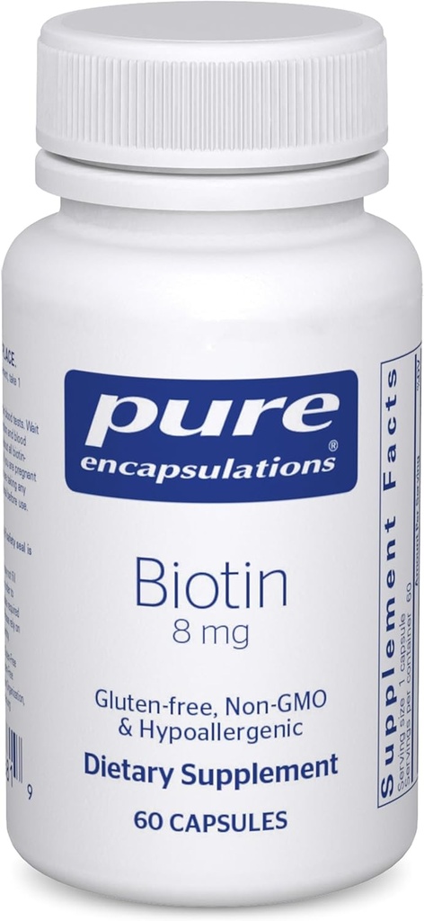 Pure Encapsulations Biotin 8 mg - B Vitamin Supplement to Aid Stress Relief, Hair, Skin & Nail Güçlendirme, Metabolism, Carbohidrat Destek & Nervous System* - Premium Biotin - 60 Capsules