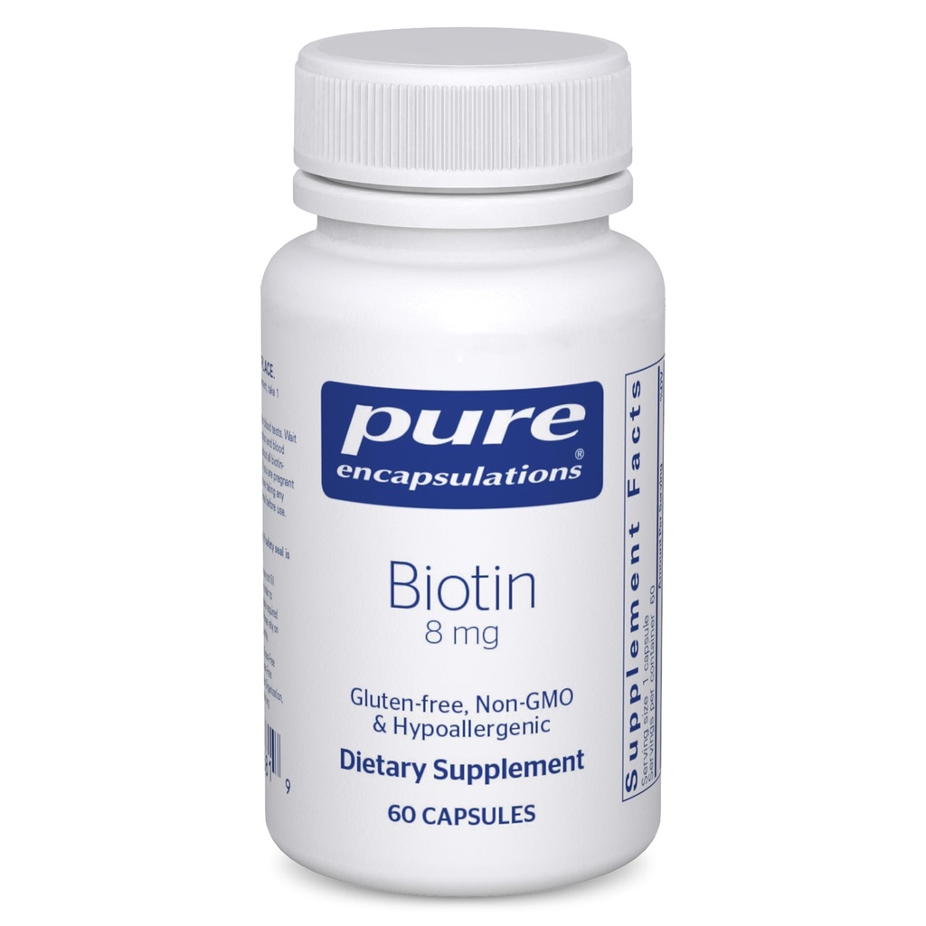 Pure Encapsulations Biotin 8 mg - B Vitamin Supplement to Aid Stress Relief, Hair, Skin & Nail Güçlendirme, Metabolism, Carbohidrat Destek & Nervous System* - Premium Biotin - 60 Capsules