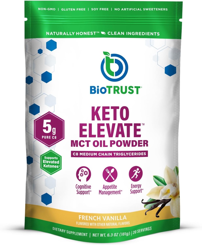 BioTrust Keto Elevate – C8 MCT Oil Toz – Ketgen MCT Kahve Kremer, Keto Kahve Kremer – Temiz Enerji, Zihin Odaklığı, Clarity –% 100 Caprylic Acid MCT Toz, Non-GMO(Fransız Vanilla, 20 Hizmet)