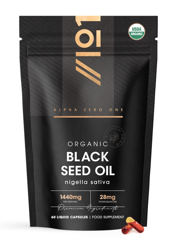 ALPHA01 Organic Black Seed Oil Capsules 1440mg – 4X% Thymoquenine - 60 Count – Ethiopian Nigella Sativa - 100% Cold Pressed & Virgin Cumin Seed Oil