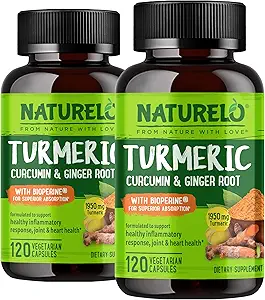 NATLO Turmeric Curcumin - BioPerine for Better Abors - Black Pepper, Ginger Root, Curcuminoids - Plant-Based Discomfort Support - 120 Vegan Capsules (Pack of 2)