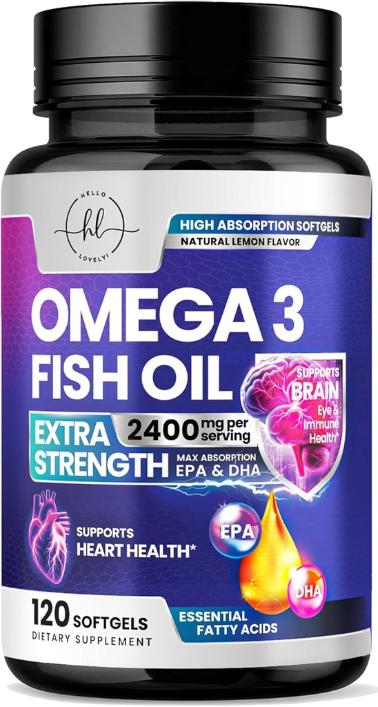 Omega 3 Fish Oil Supplements 2400 mg - Triple Strength Omega 3 Fatty Acids, Natural Heart Health Brain & Joint Support - Fatty Acids with EPA & DHA - Wild Caught Fish Oil Supplement - 120 Softgels