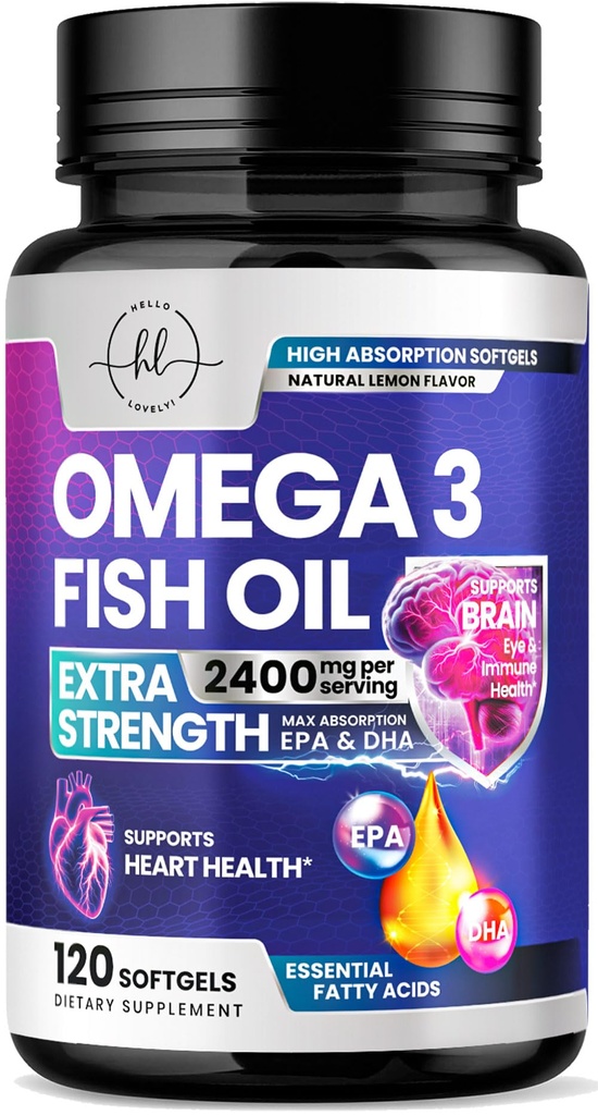 Omega 3 Fish Oil Supplements 2400 mg - Triple Strength Omega 3 Fatty Acids, Natural Heart Health Brain & Joint Support - Fatty Acids with EPA & DHA - Wild Caught Fish Oil Supplement - 120 Softgels