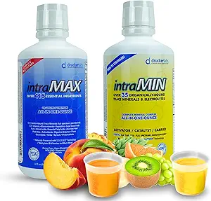 Drucker Labs intraMAX® (Peach Mango) & intraMIN® (Tropical Fruit): All-in-ONE Multivitamin & Mineral Kompleksi (Immune Support, Non-GMO, Dairy-Free, Gluten-Free, Vegetarian, 32 fl oz Her)