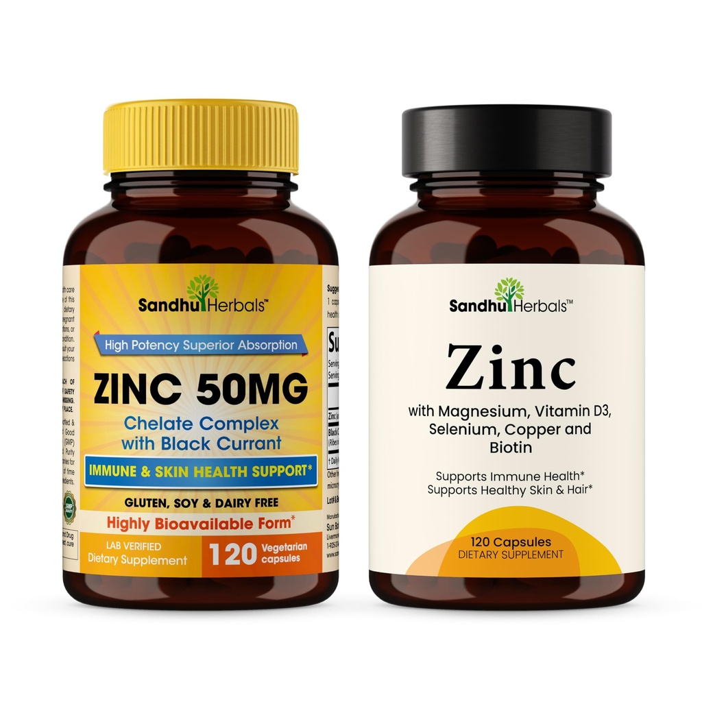 SANDHUHERBALS Zinc 50mg Bundle with Zinc 30mg Vitamin D3, Magnesium, Selenium, Vitamin B6, B7 (Biotin), Copper | Supports Immune, Skin, Hair & Nails Health