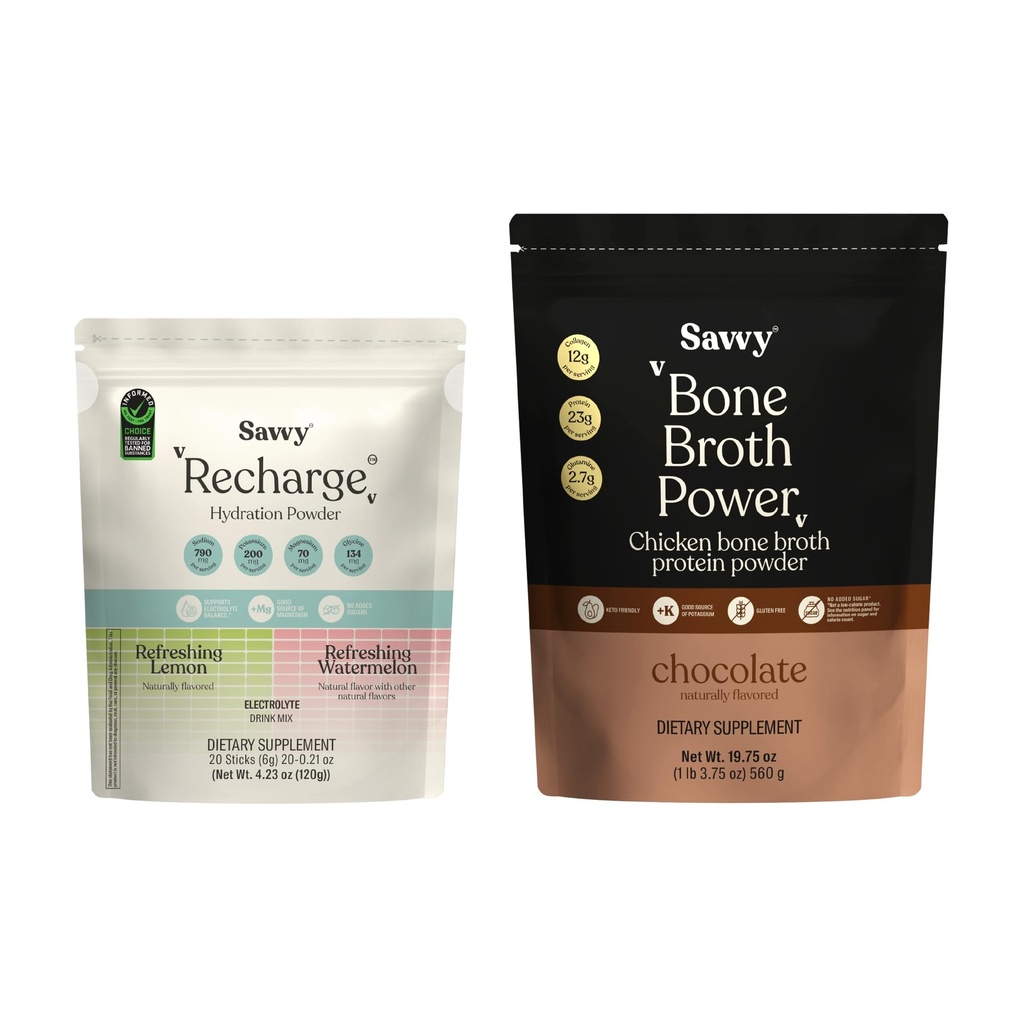 SAVVY Bone Broth Power Chocolate Protein Powder, 23g Protein, 12g Collagen & Recharge Electrolyte Powder, Sugar Free Hydration Drink with Sodium, Magnesium, Potassium (Variety (Lemon + Watermelon))