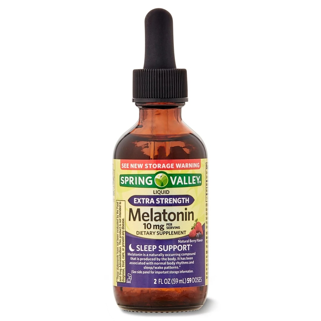 Generic Spring Valley Liquid Melatonin Dietary Supplement, 10 mg, 2 fl oz, Yellow/Green/Red