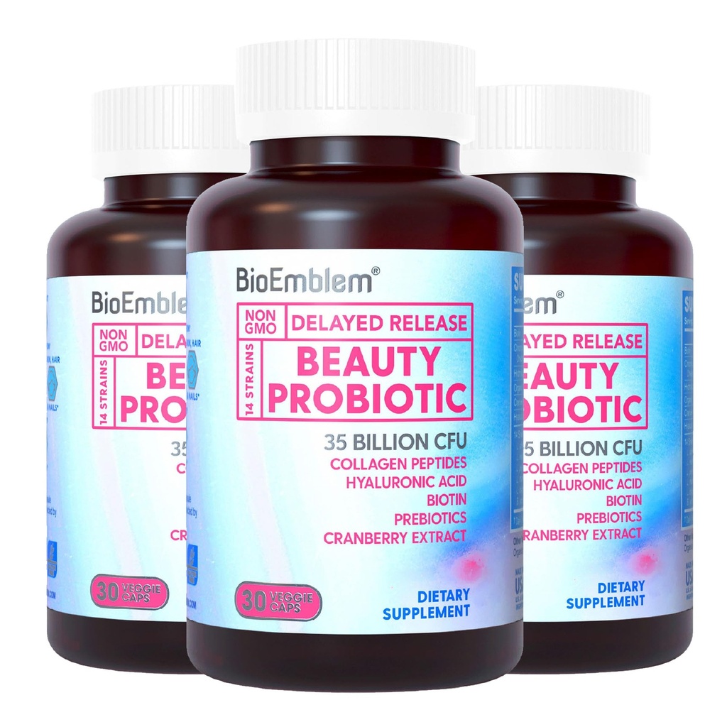 Kadınlar için BioEmblem Güzellik Probiyotikleri, 35 Milyar CFU 14 Strains with Biotin, Collagen, Prebiyotiks for Digestive Health, Hair Skin and Nails, Vaginal Probiyotiks Supplement, Raf Stable, 90 Caps