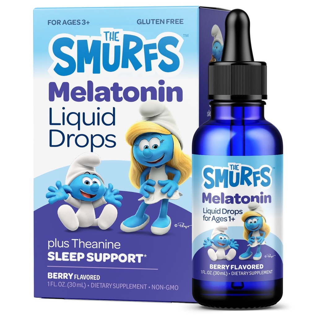 Smurfs Liquid Melatonin Drops for Kids | 1mg Melatonin Liquid for Kids with Calming Sleep Blend | Vegan Non-GMO & No Artificial Flavors or Colors | No Added Sugar | Berry Flavor | 60 Servings