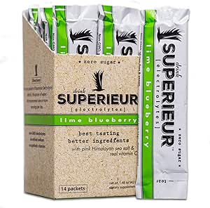 Superieur Electrolyte Powder Packets - Vegan Electrolyte Hydration Powder w/Sea Minerals - Κετοφιλικά, μη-GMO, μη-Ζάχαρη Electrolyte συμπλήρωμα-Υγιεινή Sports Drink -Lime Blueberry (14 πακέτα)
