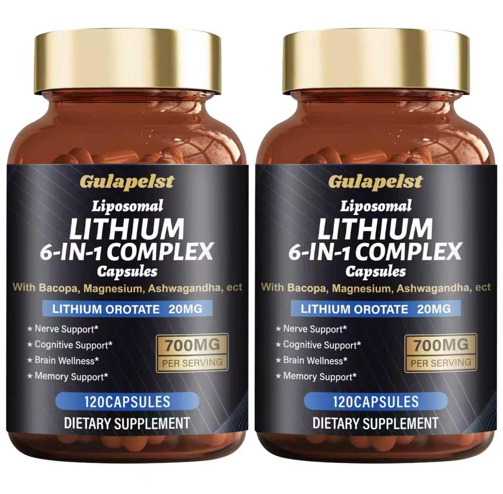 2 Packs Lisopomal Lithium Orotate Complex Capsules, Lithium Orotate 20 mg, Magnesium Glycinate & Ashwagandha, Brain Health Supplements for Cognitive, Mood & Memory – Non-GMO, 240 Vegan Capsules
