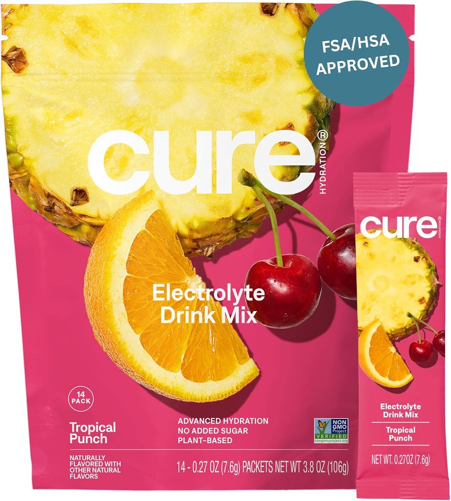 Cure Hydration | Plant-Based Electrolyte Drink Mix | Nodrew Sugar | FSA-HSA | Dehidrasyon Yardımı Tuvalet Su ile Yapıldı | Non-GMO | Vegan | Pouch of 14 Packets - Tropikal Punch