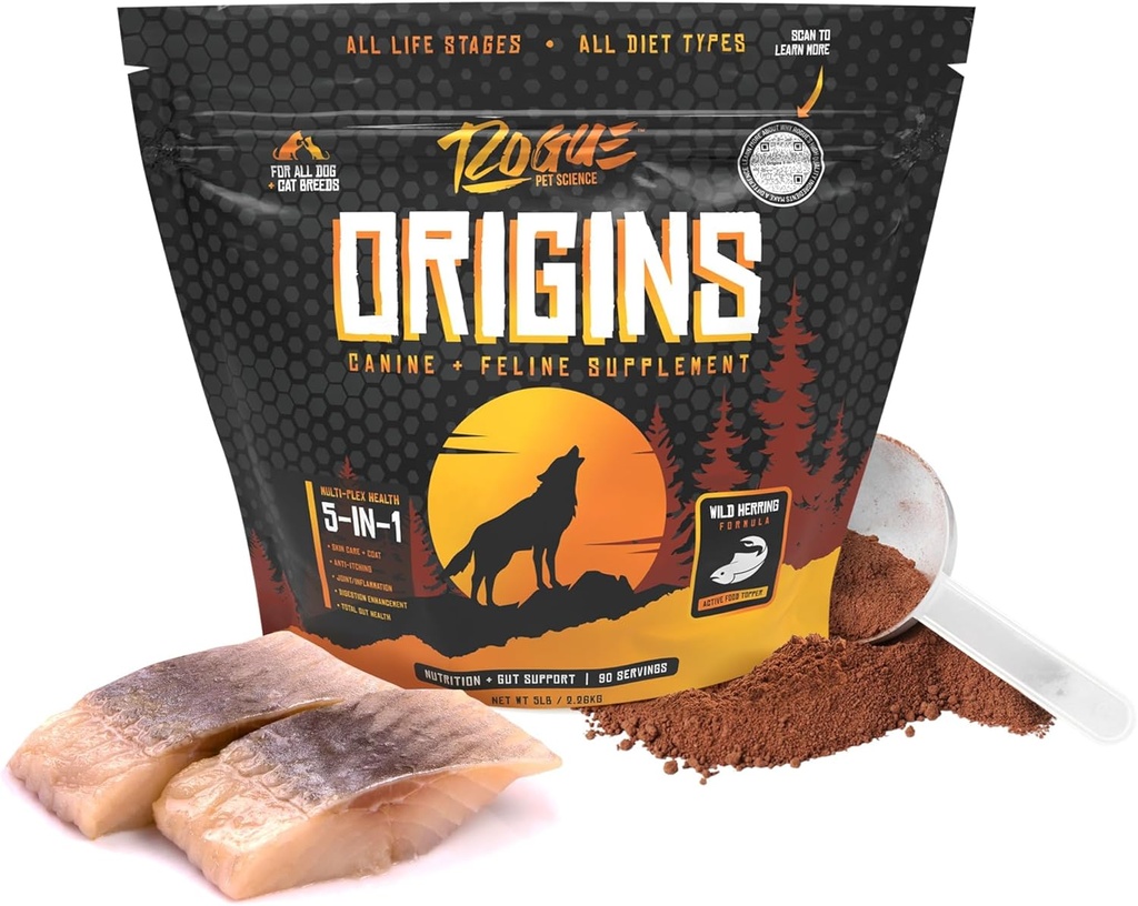 ROGUE PET SCIENCE Προέλευση 5-σε-1 συμπλήρωμα σκύλου - σε σκόνη τροφίμων Τόπερ w/Φυσικό Ωμέγα 3 ιχθυέλαιο - Υποστηρίζει υγιεινή πέψη, δέρμα, και το παλτό - βοηθά στη μείωση φαγούρα & κοινή φλεγμονή (5 lbs)