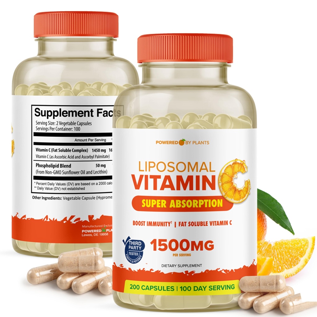 Liposomal Vitamin C Capsules - 1500mg Buffered High Absorption Vitamin C Supplement & Collagen Booster - Fat Soluble Immunity Support Ascorbic Acid Supplement 200 Vegan Capsules