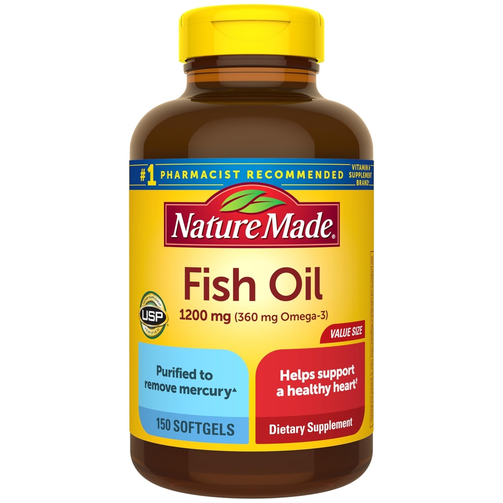 Nature Made Fish Oil Omega 3 Supplements, 1200 mg Softgels, Omega 3 Fish Oil for Health Heart Support, 150 Softgels, 75 Day Supply Supply