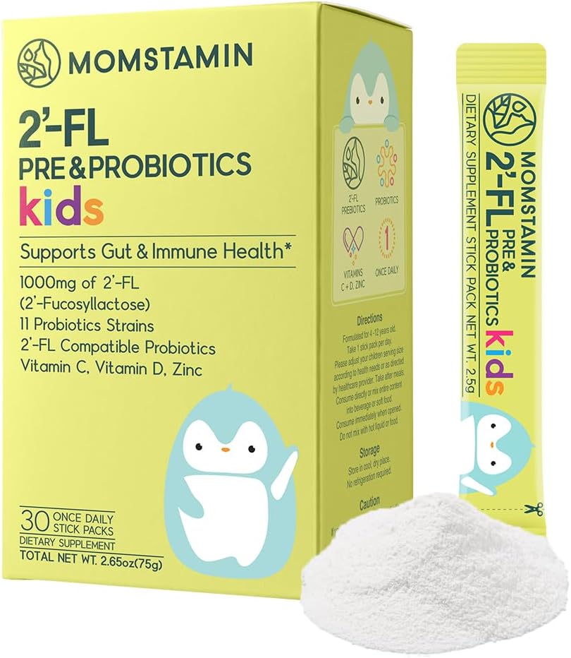 MOMSTAMIN 2'-FL HMO Prebiyotiks & Probiyotiks for Kids, 1000 mg Human Milk Oligosaccharide 2'-FL Toz, Patentli 11 Strains, Sağlıklı Gut Microbiome, Immune & Digestive Supplement, IBS