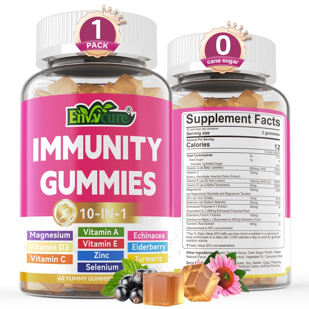 1 Immune Support Supplement Gummies, w/Echinacea, Elderberry C ve çinko, Selenium, D3 5000IU, Magnezyum, Daily Immune ATM Multivitamin, Antioksi Bone Energy için 1 Pack