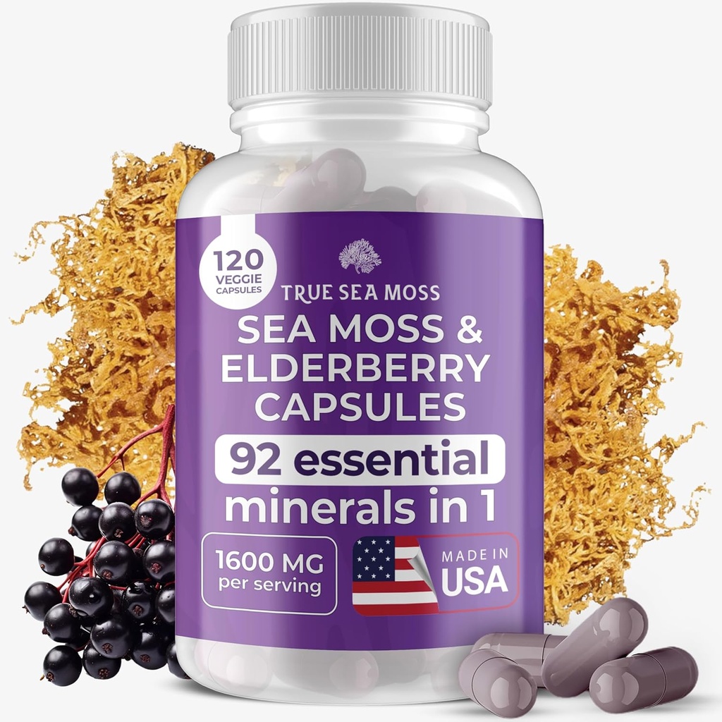 TrueSeaMoss Irish Sea Moss Capsules - 120 Elderberry Capsules (1600 mg) - Prebiyotik Superfood - Boosts Immune & Digestive System - Sağlıklı Skin, Keto Detox, Gut, Ortak Destek
