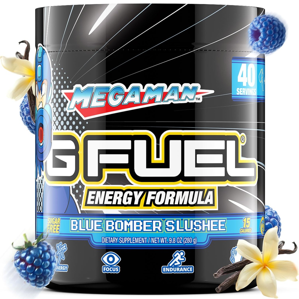 G Fuel Megaman Energy Drink Toz, Pre Workout Caffeine Mix for Game, Sugar Free Focus090, Vitamin + Antioksis, 9.9oz (Mavi Slushee, 40 Hizmet)