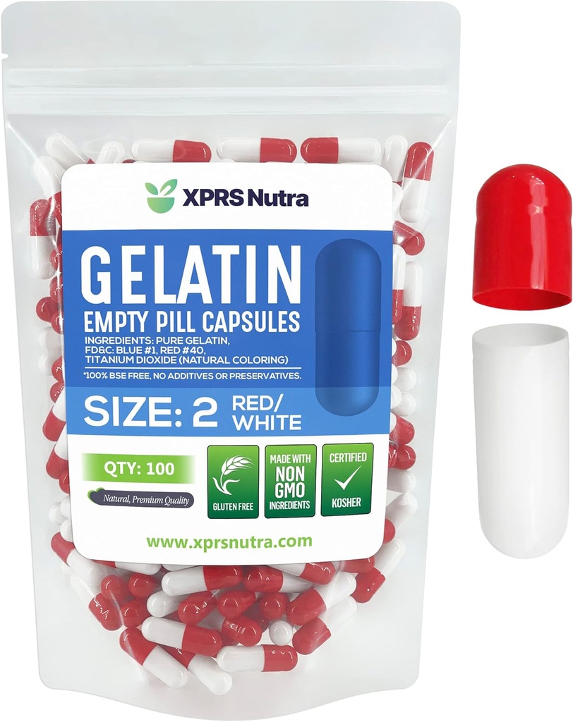 XPRS Nutra Μέγεθος 2 Κενές κάψουλες - 100 Count Empty Gelatin Κάψουλες - Χάπια DIY Καψάκιο Γέμισμα - Καθαρά Καπάκια τζελ Μπόβιν Χάπι για Συμπληρώματα Do-It-Yourself (Red/White)