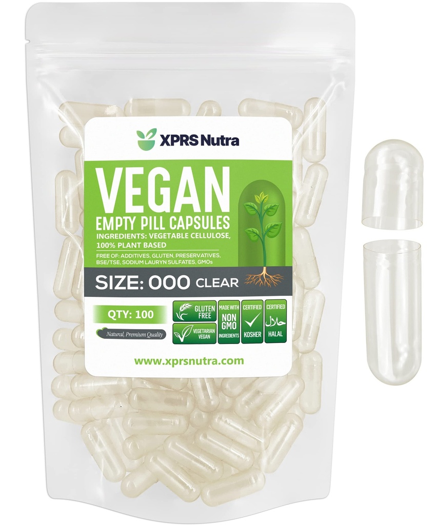 XPRS Nutra Vegan Boyutu 000 Boş Kapsüller - 100 Kont Clear Boş Vegan Capsules - Vegetarian Pill - DIY Sebze Capsule - Veggie Caps Pills