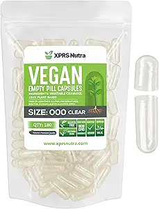 XPRS Nutra Vegan Boyutu 000 Boş Kapsüller - 100 Kont Clear Boş Vegan Capsules - Vegetarian Pill - DIY Sebze Capsule - Veggie Caps Pills