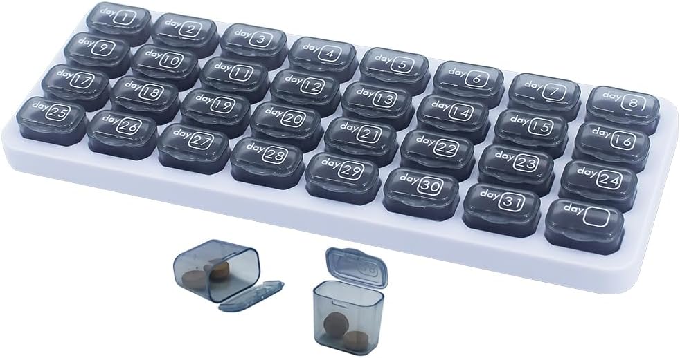 Aylık Pill Organizer, Büyük Seyahat Pill Box 31 Gün, Günlük Pill Case, Pilleç Konteyner Vitamin, Tıp, Tamam, Fish Oil, Grey