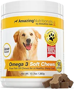 Köpekler için Şaşırtıcı Omega 3 - Omega 3 Köpekler için Balık Yağı Kuru Skin ve Hot Spots için Buchy Cilt Yardımı ve EPA ve DHA Şişmanları ile Öner - 90 Bacon Yumuşak Chews