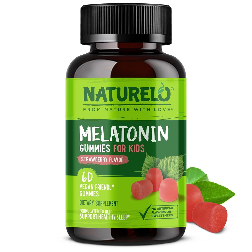 Çocuklar için NATLO Melatonin Gummies For Kids Non-GMO, Gluten-Free, Soy Free - Strawberry Flavor - Gentle Sleep Supplement - 60 Vegetarian Gummies