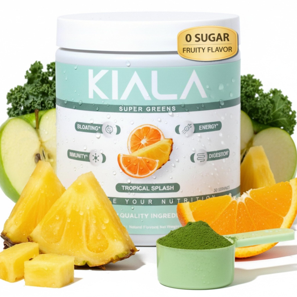 Kiala Nutrition Super Greens, Organic Greens Powder with Spirulina & Chlorella for Digestion, Gut Health, Immunity, Adaptogens, Energy, Gluten Free, Vegan, Sugar Free, Tropical Splash, 30 Servings