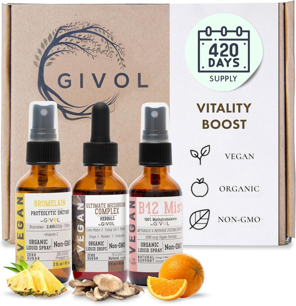 Vitality Boost Sche Liquid Spray - Ultimate Mushroom Kompleksi, Bromelain, B12 Torchcobalamin - Complete Multivitamin - Plant-Based, Non-GMO, Gluten Free, Sugar Free 2 Fl Oz (420 Days Supply)