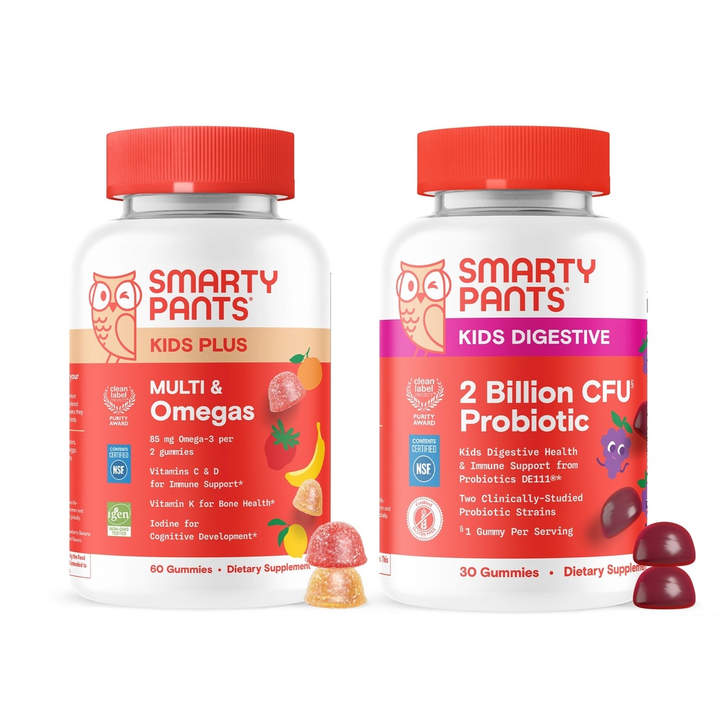 SmartyPants Kids Daily Nutrition & Probiotic Bundle: Multivitamin + Probiotic Gummies with 2 Billion CFU, Omega-3, Vitamins D3 & B12,Digestive & Immune Support, Gluten Free, 60 & 30 Count (Pack of 2)