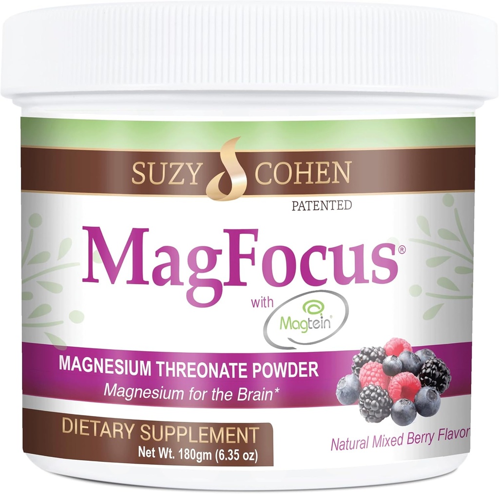 Suzy Cohen MagFocus Magnezyum L-Threonate Toz with Magtein (Mixed Berry) Plus Magnezyum Glycinate for Wellness, Focus, and Cognition - Gluten-Free, Non-GMO, Vegetarian (60 hizmet)