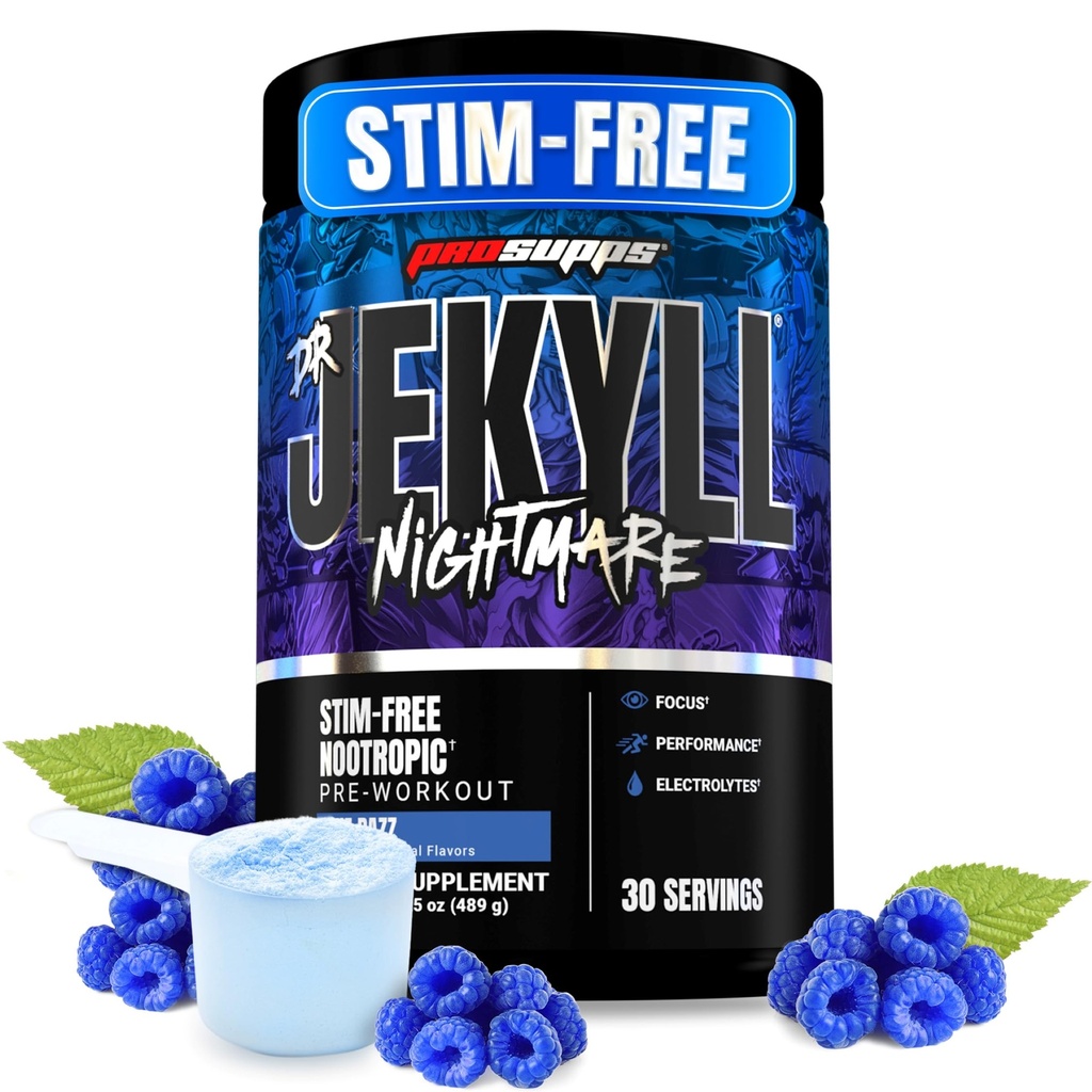 ProSupps Dr. Jekyll Nightmare Pre Workout Powder with Nootropics – Stim-Free Preworkout Supports Focus & Performance – Caffeine-Free Gym & Fitness Supplements (Blue Razz, 30 Servings)