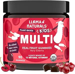 Llama Naturals Kids Multivitamin Gummies, Vegan, Vitamin D, C & K, Toddler Real Fruit Gummy Vitamins, Chewable Supplement, Whole Food Multivitamin, NoEDIT Sugar Cane, Cherry, 90 Ct