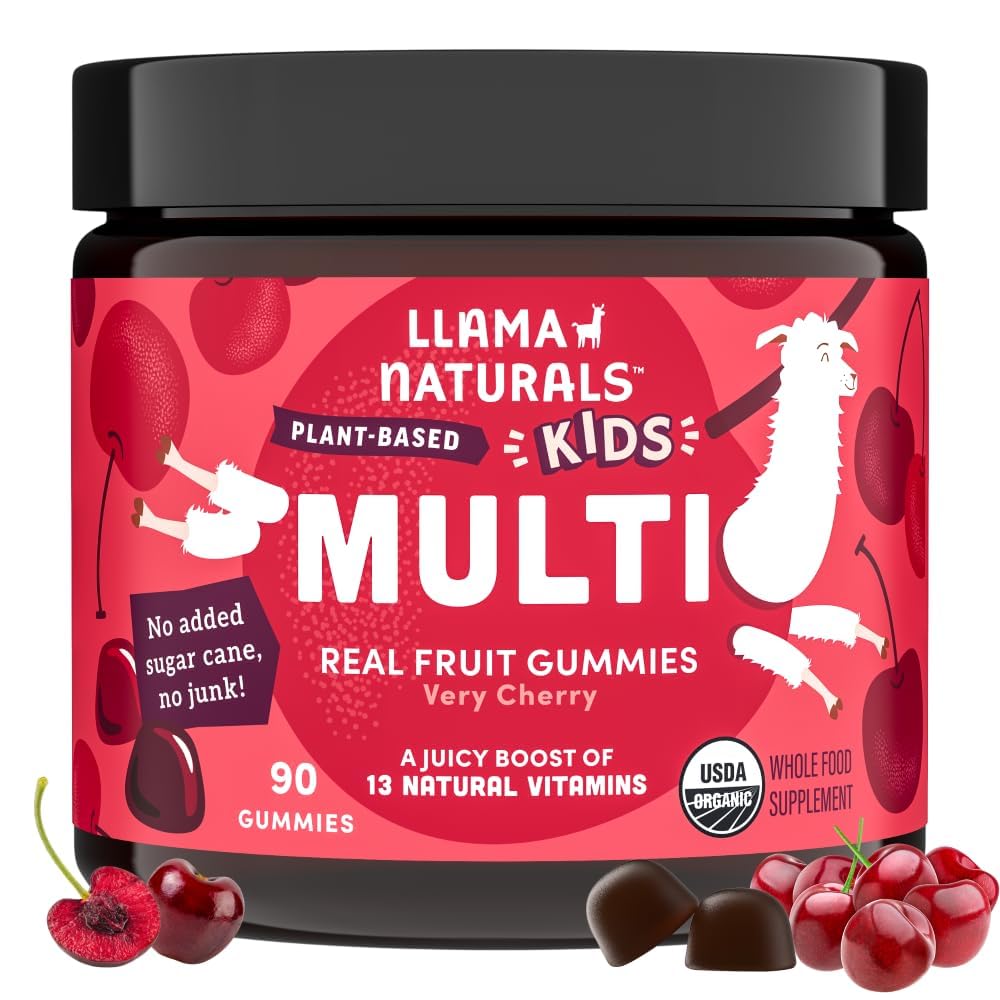 Llama Naturals Kids Multivitamin Gummies, Vegan, Vitamin D, C & K, Toddler Real Fruit Gummy Vitamins, Chewable Supplement, Whole Food Multivitamin, NoEDIT Sugar Cane, Cherry, 90 Ct