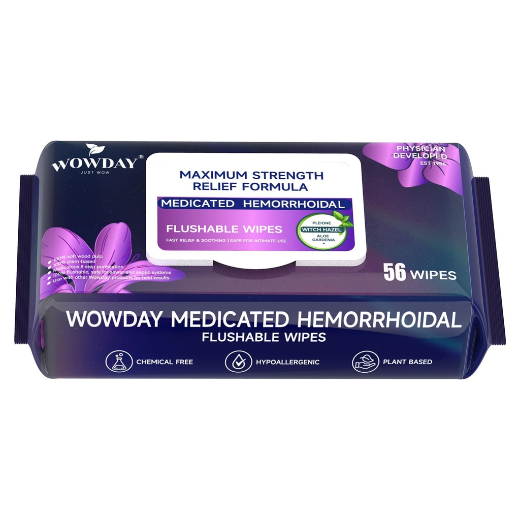 Flushable Hemorrhoid Wipes | Maximum Strength Witch Hazel Wipes | 56 Count Fragrance Free Adult Hemorrhoids Medicated Witch Hazels Wipe for Butt Hemorrhoidal Itch