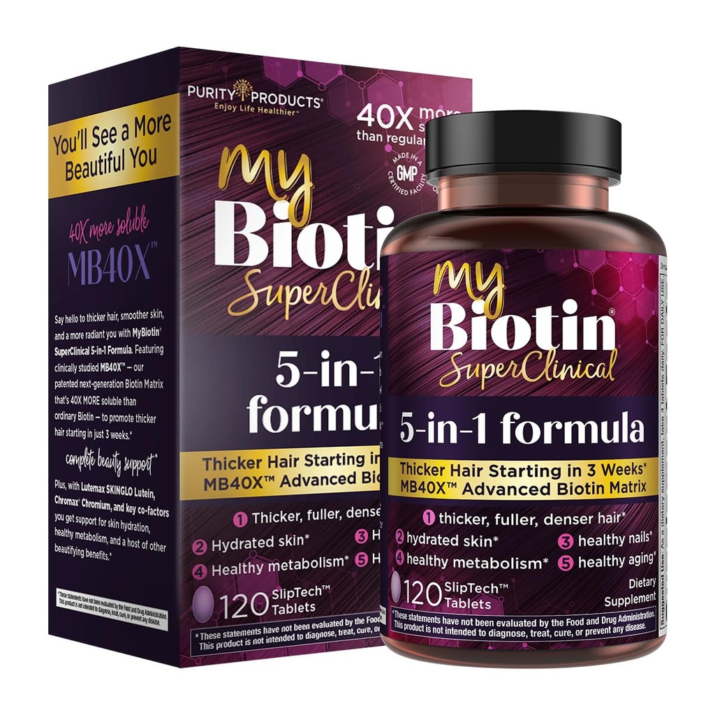 Basit Ürünler MyBiotin SuperClinical New 5-in-1 Elite Multivitamin + MB40X Biotin Matrix Daily Multi - 3 Haftalara Başlıyor - 40X Daha Fazla Sıradan Saç Çığlık - 120 Tabs
