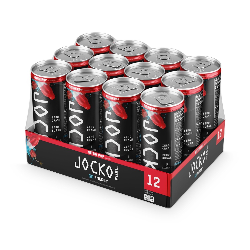 Jocko GO Nitro Pop Energy Drink - Keto, Vitamin B12, Vitamin B6, Electrolytes, L Theanine, Magnesium- Energy Boost, Sugar Free Nootropic Monk Fruit Blend - 12 Pack - Packaging May Vary