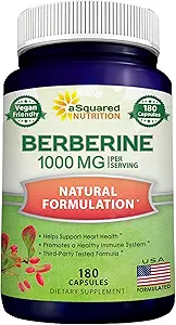 ASquared Beslenme Saf Berberine 1000 mg Supplement - 180 Veggie Capsules, Natural Berberine H HCL Plus, Max Strength 1000 mg (2X 500 mg), Potent Berberine Vegan Ekstraksiyon