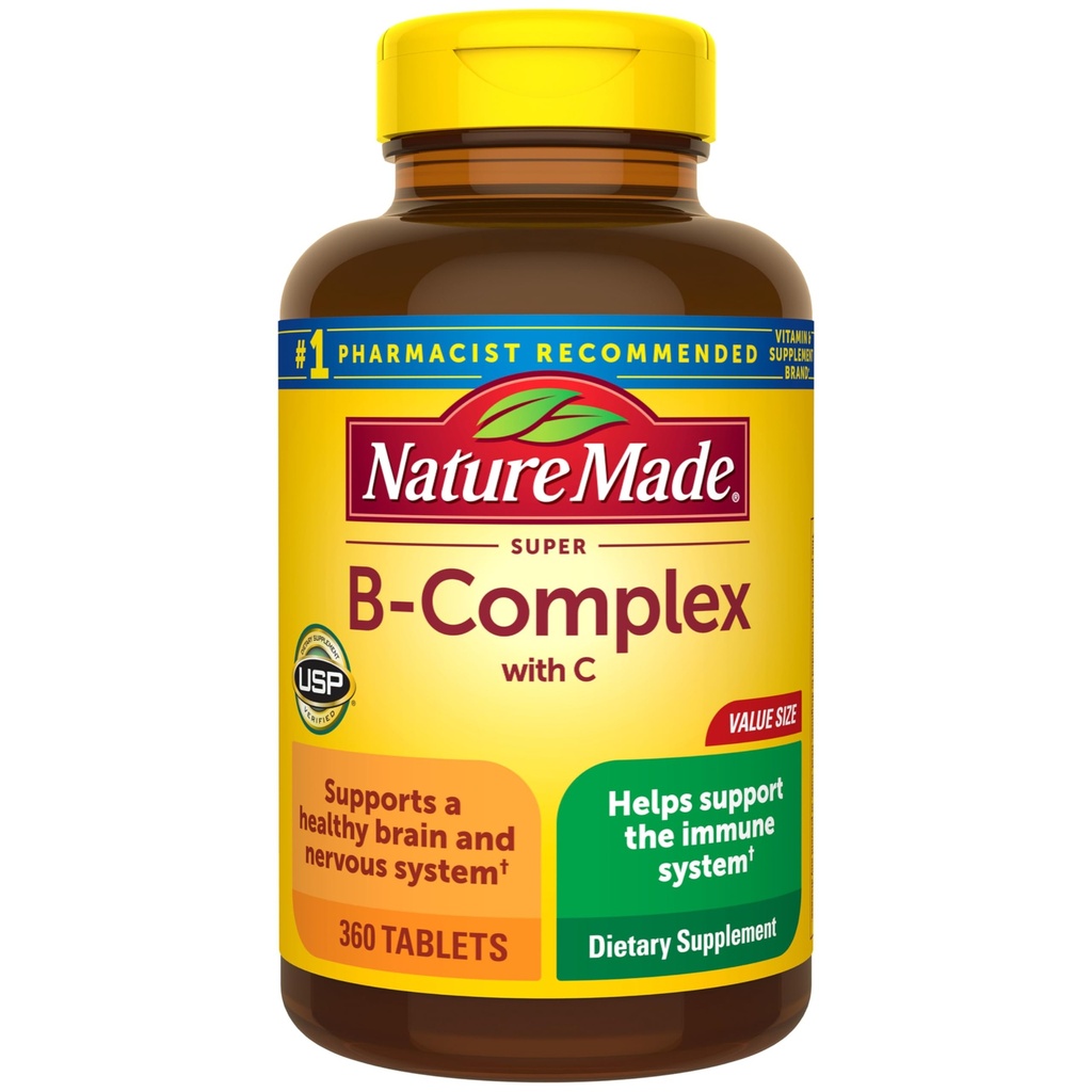 Nature Made Super B Complex with Vitamin C & Folic Acid, B Complex Vitamins for Women and Men, Dietary Supplement for Immune Support, 360 Tablets, 360 Day Supply