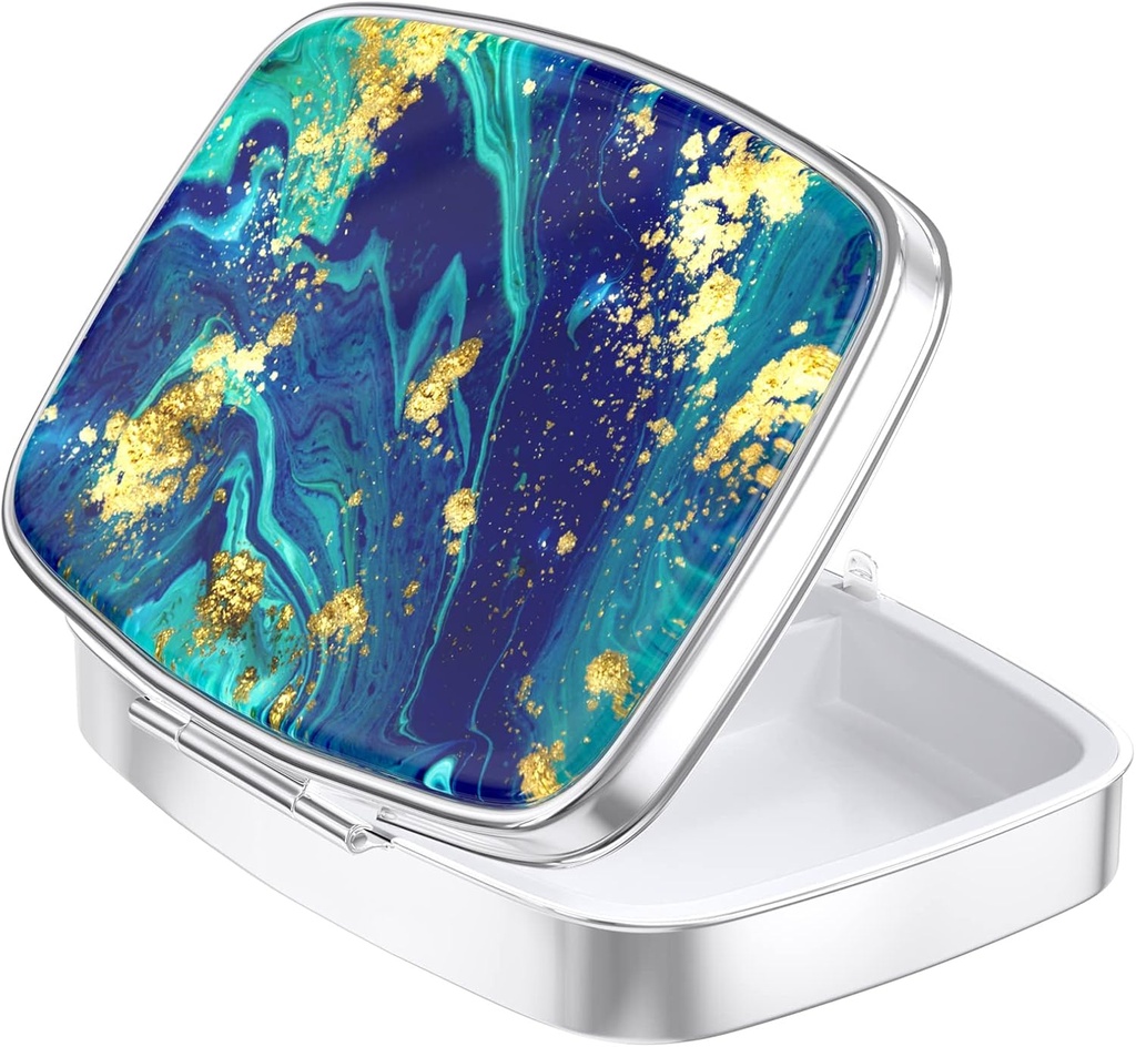 Nipichsha Pill Box, Small Pill Case for Purse & Pocket, Cute Travel Medicine Organizer, Portable Medicine Container Holder to Hold Vitamins, Medication, Fish Oil & Supplement, Ocean Teal Marble