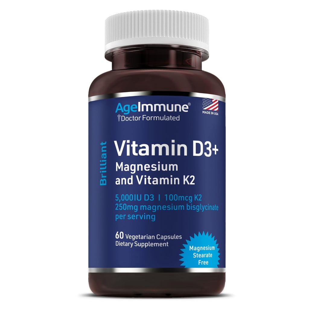 AgeImmune Brilliant D3+ Complex - 60 Capsules - 5000 IU Vitamin D3 + K2 + Magnesium Glycinate Supplement - Doctor Formulated for Immune & Bone Support - No Stearates, No Dioxides