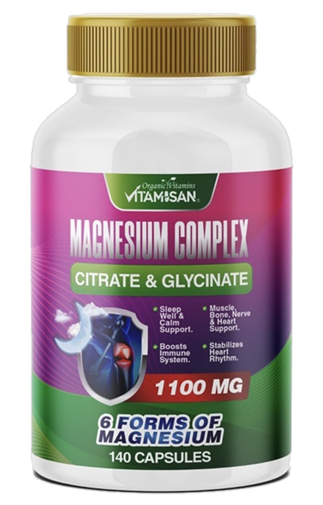 Vitamisan High Absorption Magnesium 6 Forms of Magnesium Citrate Chelated Glycinate Chloride Malate Oxide 140 Capsules Gluten Free Non GMO