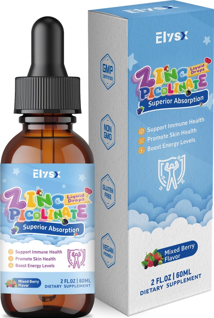 Zinc Picolinate Copper Liquid Drops, Celated Zinc 30mg with Copper, Selenium for Kids & Adults, Immune Support & Skin Health, Mixed Berry Flavor, 2 FL OZ