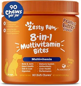 Zesty Paws Multivitamin Treats for Dogs, Glucosamine Chondroitin Joint Support + Digestive Enzymes & Probiotics, Grain Free Dog Vitamins and Supplements for Skin & Coat, Φυστικοβούτυρο - 90ct