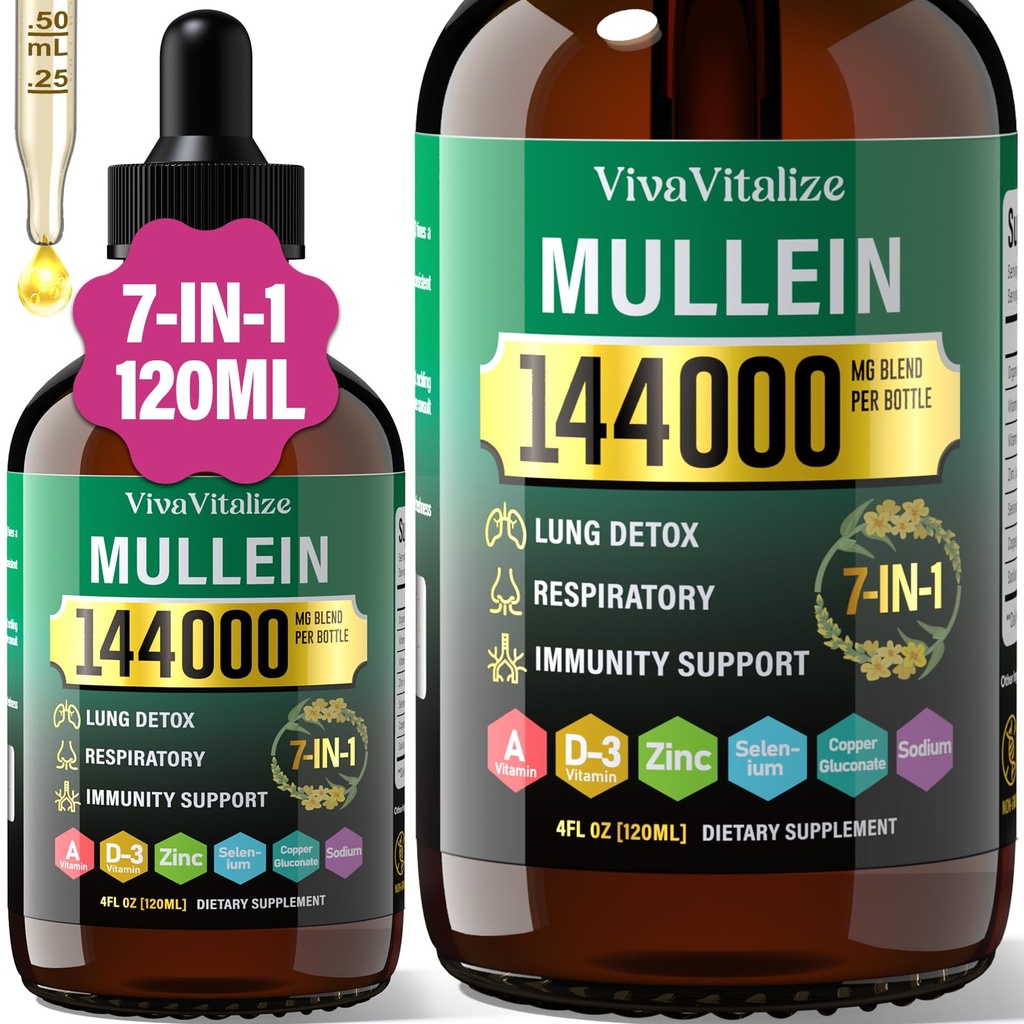 Lungs için Mullein Drops,144000 mg Lungs Cleanse & Respiratory Function Health Breathing Immune, Digestive System, Natural Herbal Supplement Sugar & Alkol-Free,120-Day Supply